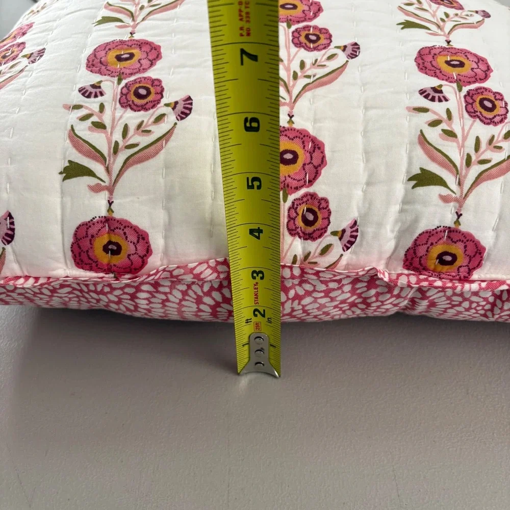 Handmade Kantha Quilted Floral Block Print Reversible Decorative Pillow Cottage